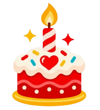 Red birthday cake with a heart, lit candle, and colorful sprinkles