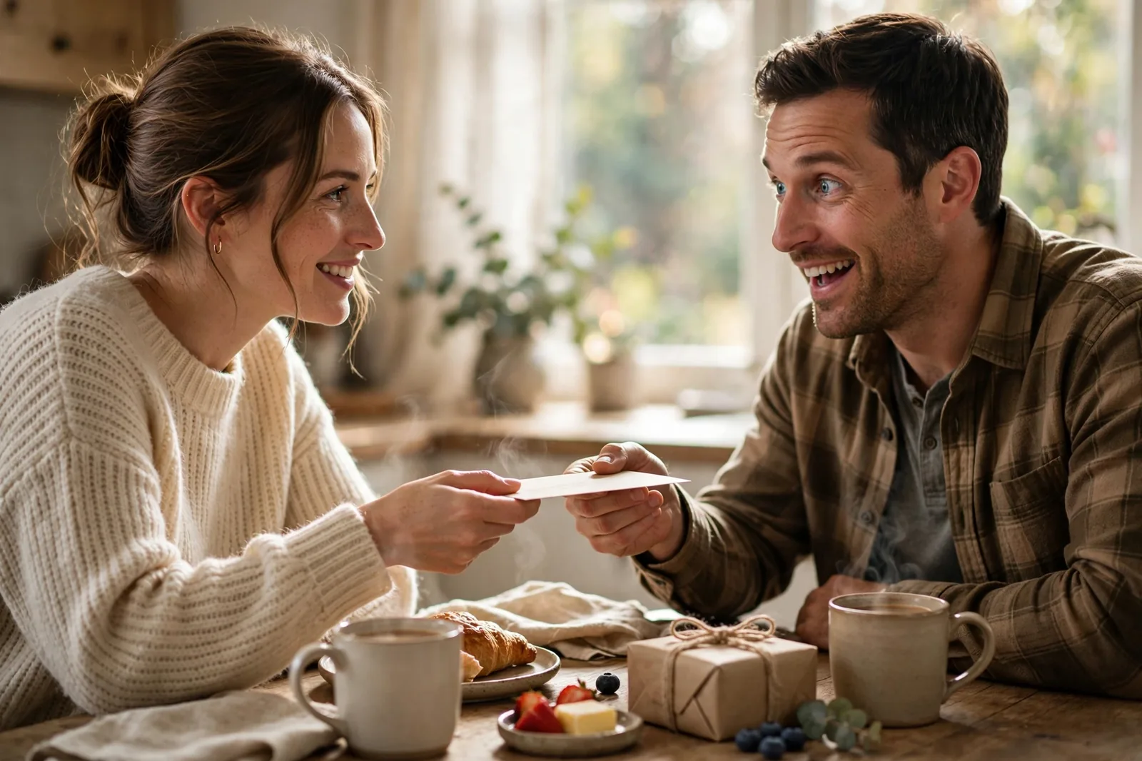 Wife handing her husband a birthday card at the breakfast table