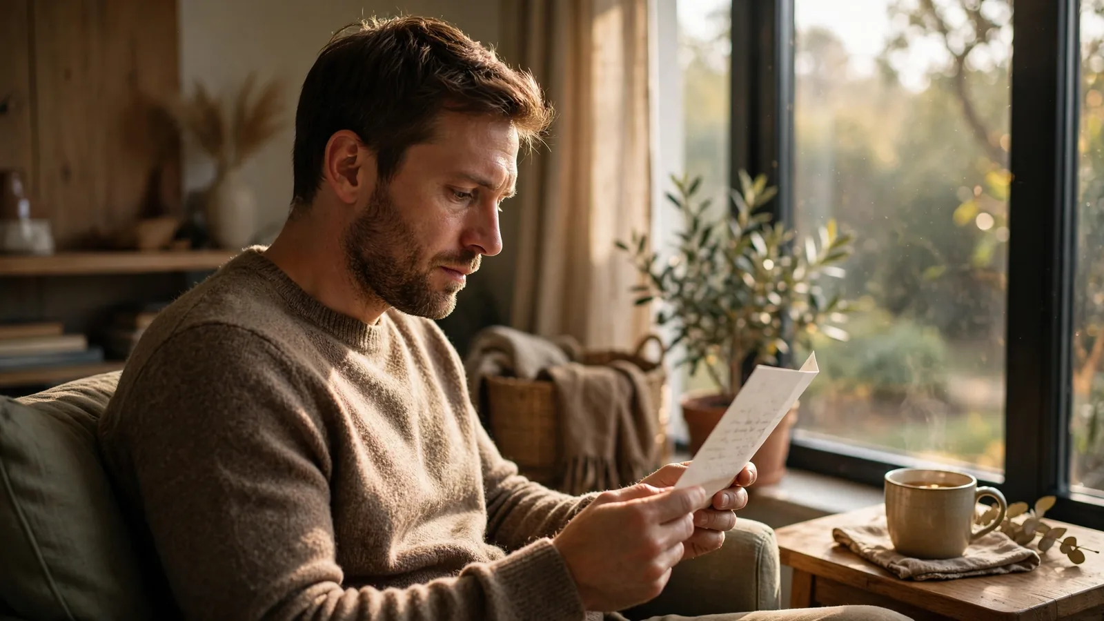 Husband reading a heartfelt birthday letter by the window