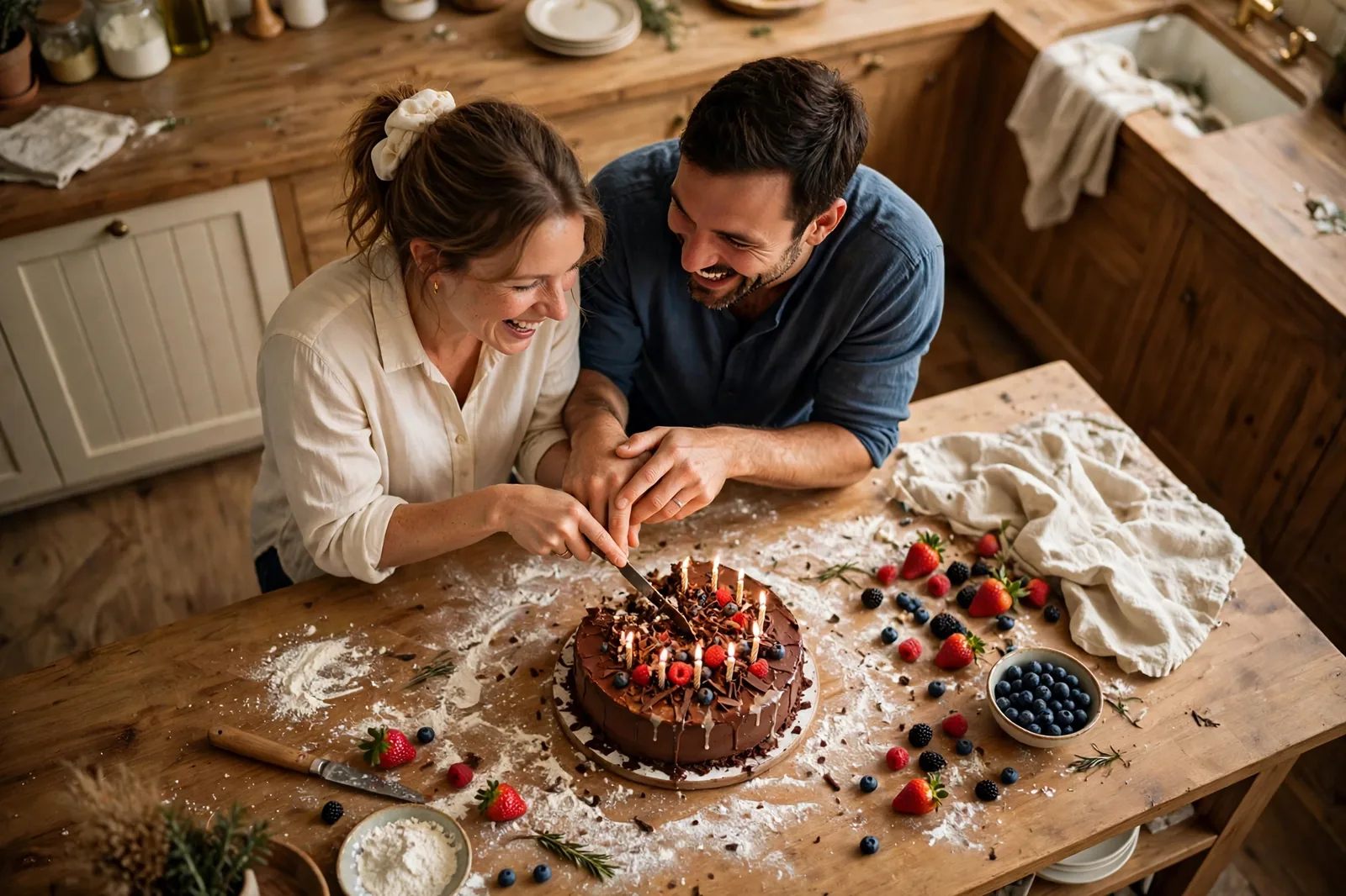 Wife and husband cutting a birthday cake together in the kitchen
