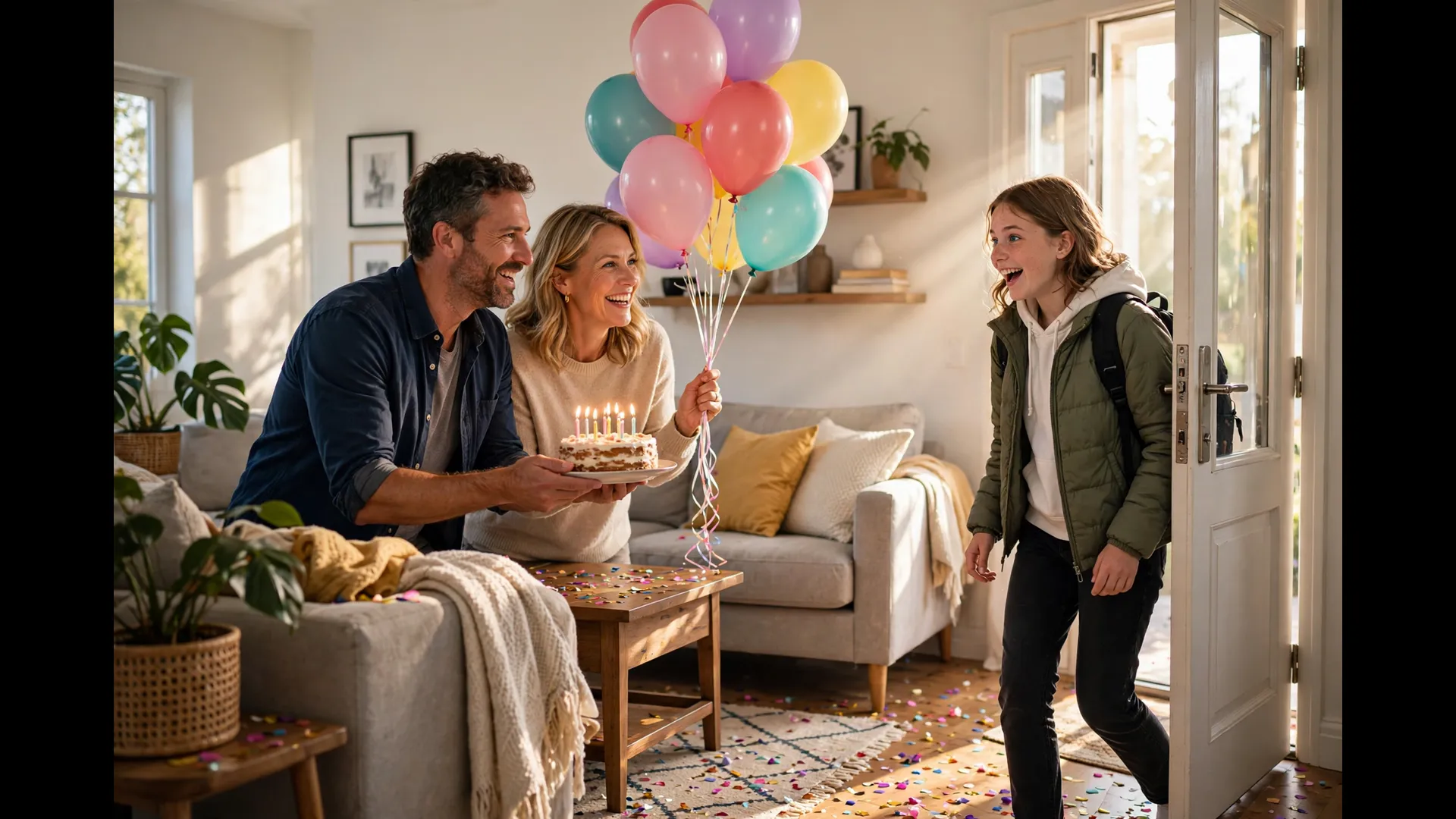 Parents surprising their smiling teenage daughter with a birthday cake and colorful balloons in a bright living room