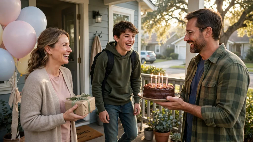 Parents surprising their teenage son with a birthday cake and colorful balloons at the sunny front door