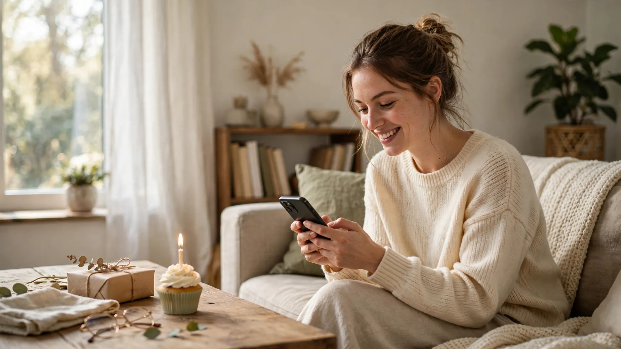 Young woman typing a birthday message on her phone beside a cupcake with a candle