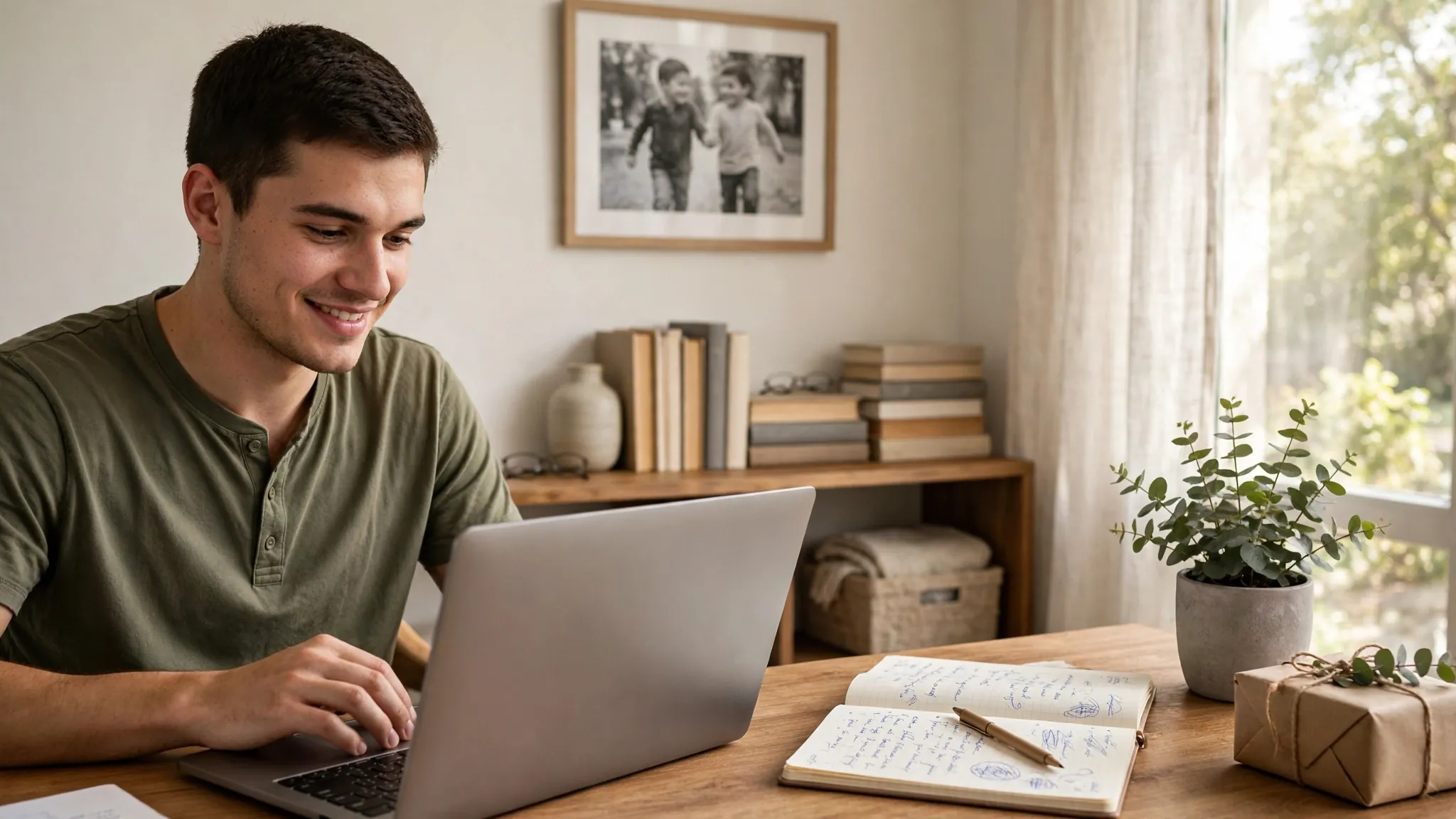 Young man choosing a birthday message for his brother on a laptop at home