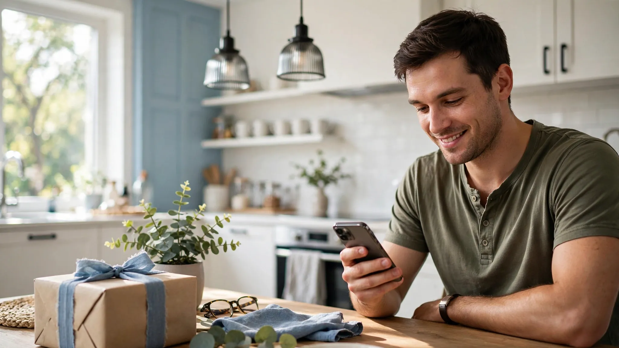 Young man choosing a birthday message on his phone beside a wrapped gift