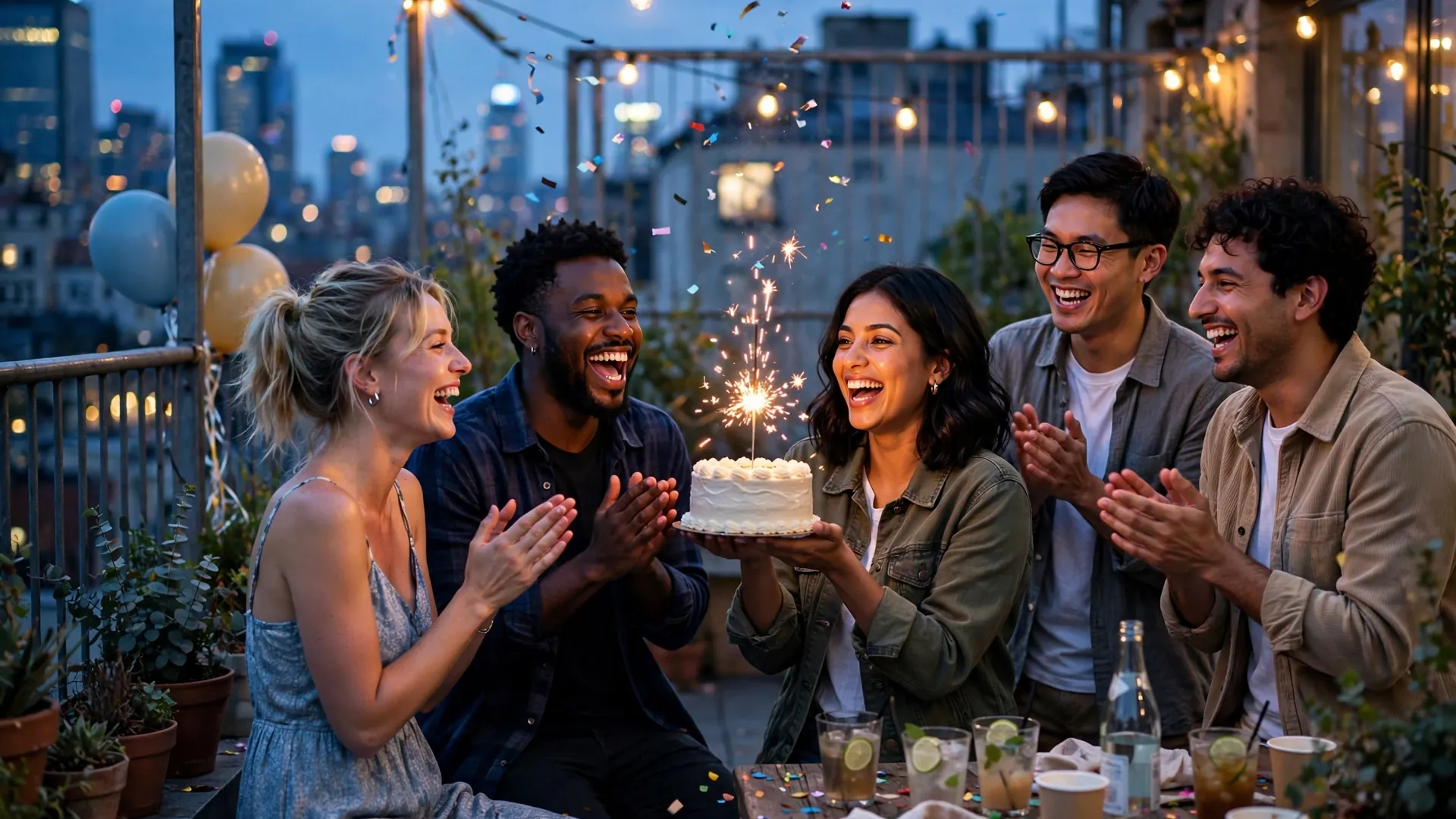 Group of friends celebrating a birthday with sparklers at a rooftop party