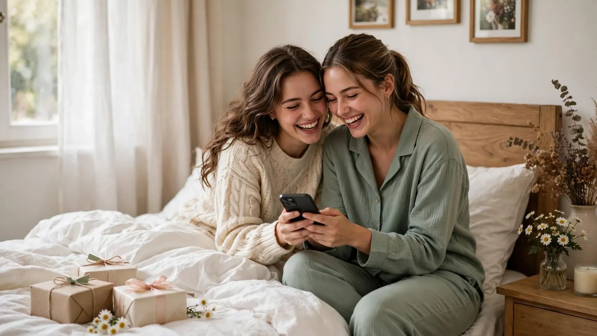 Two sisters sitting on a bed laughing while choosing a birthday message on a phone