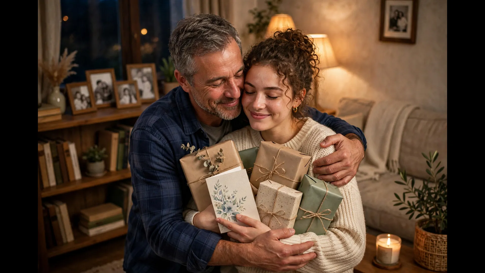 Father warmly hugging his daughter as she holds a greeting card carrying happy birthday wishes for daughter and wrapped gifts in a cozy living room