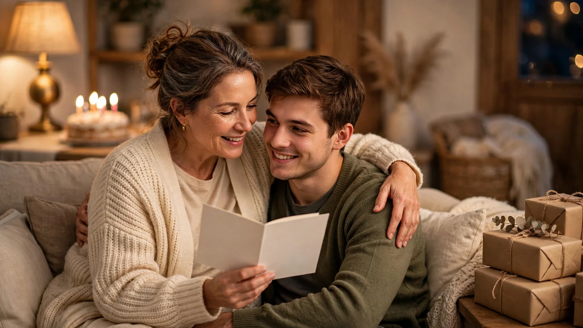 Mother reading heartfelt happy birthday wishes for son aloud from a greeting card while hugging him on the couch