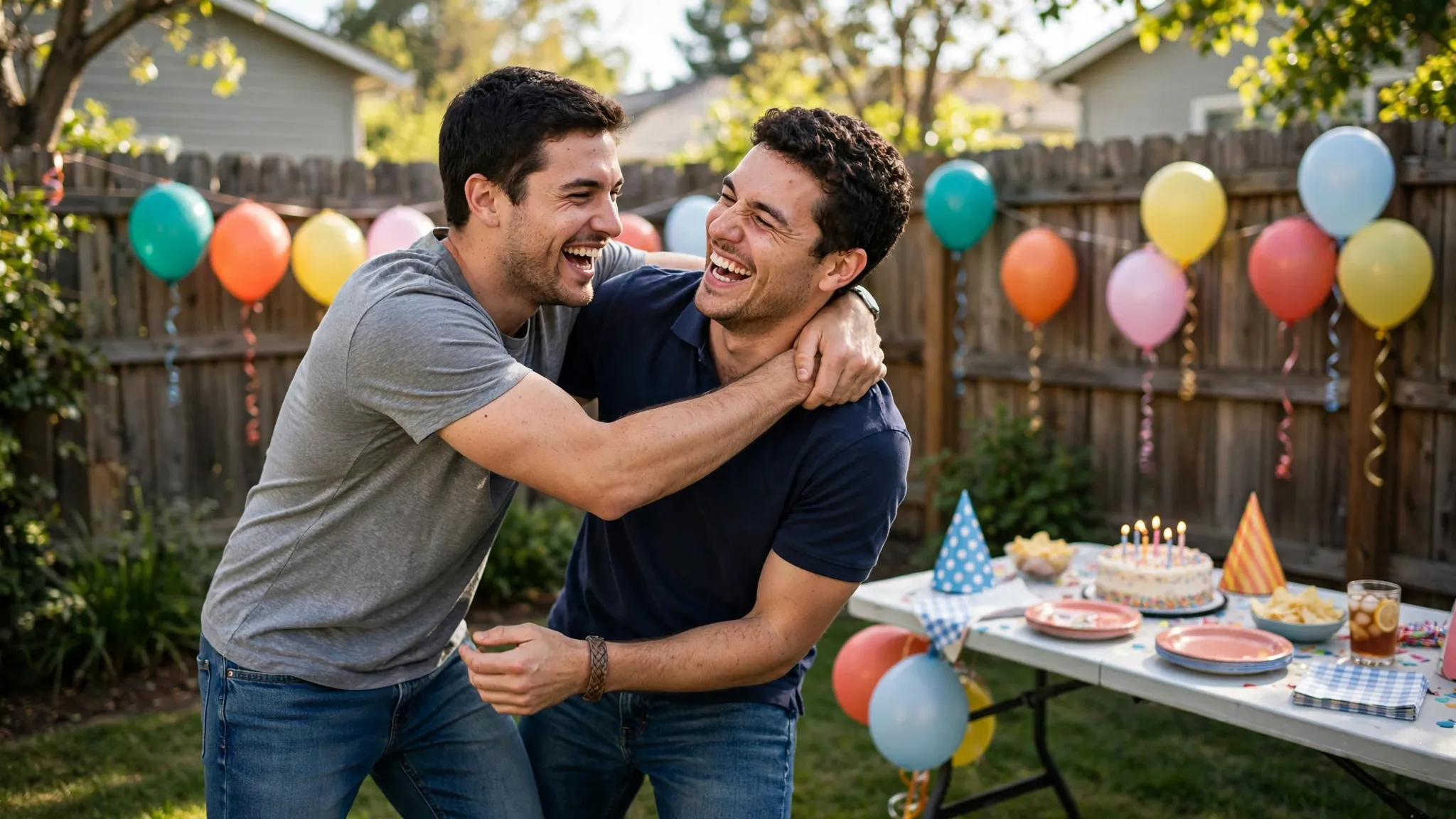 Two brothers laughing at a birthday party with happy birthday wishes for brother in a greeting card