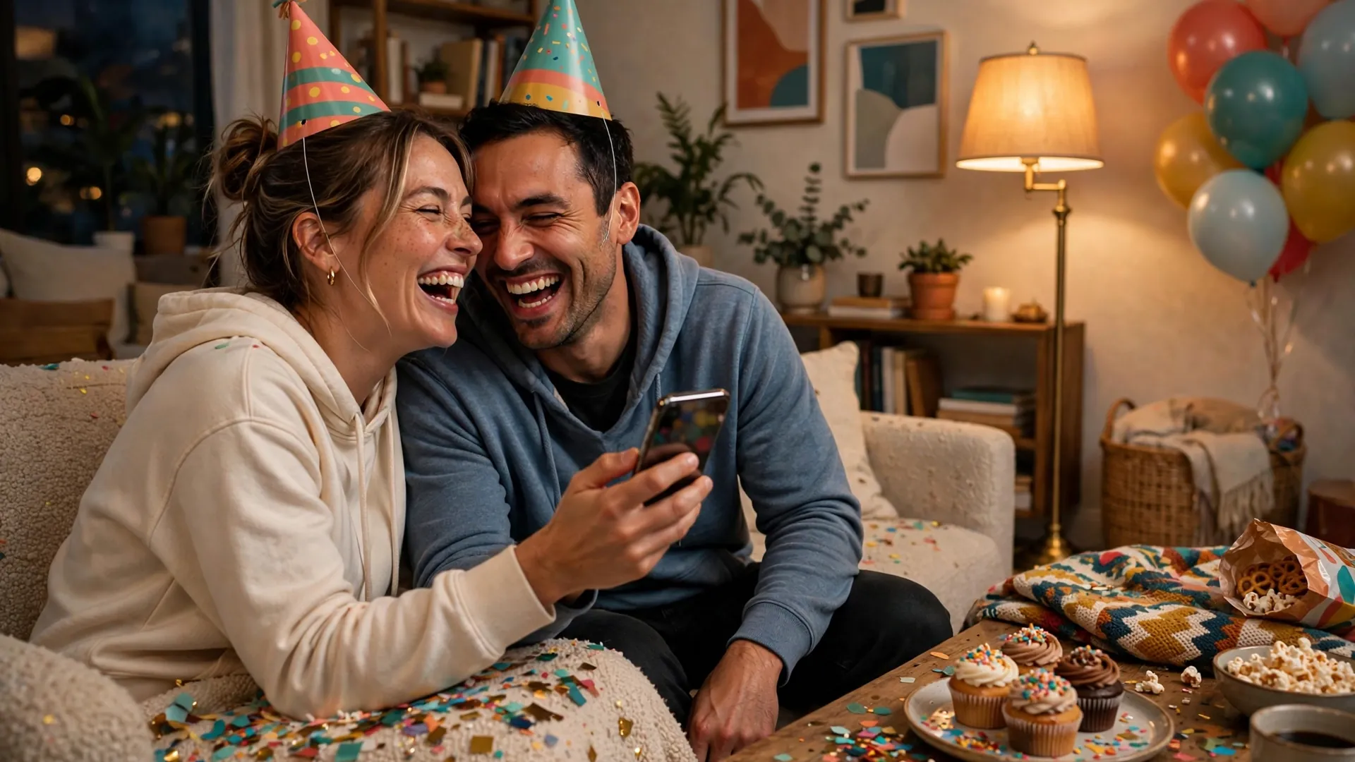 Two friends laughing while reading happy birthday wishes for friend on a phone