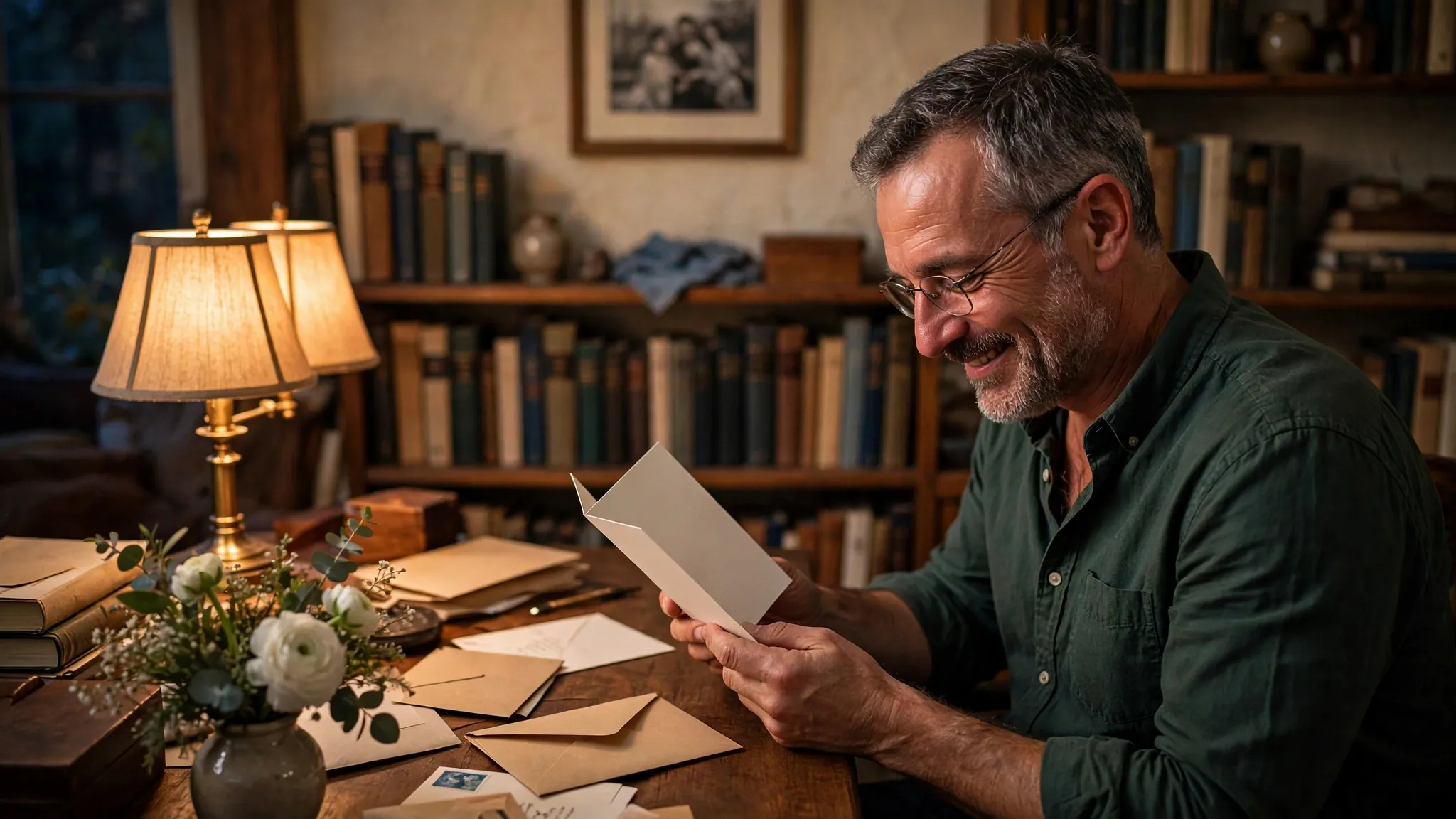 Man reading a greeting card filled with happy birthday wishes at his desk