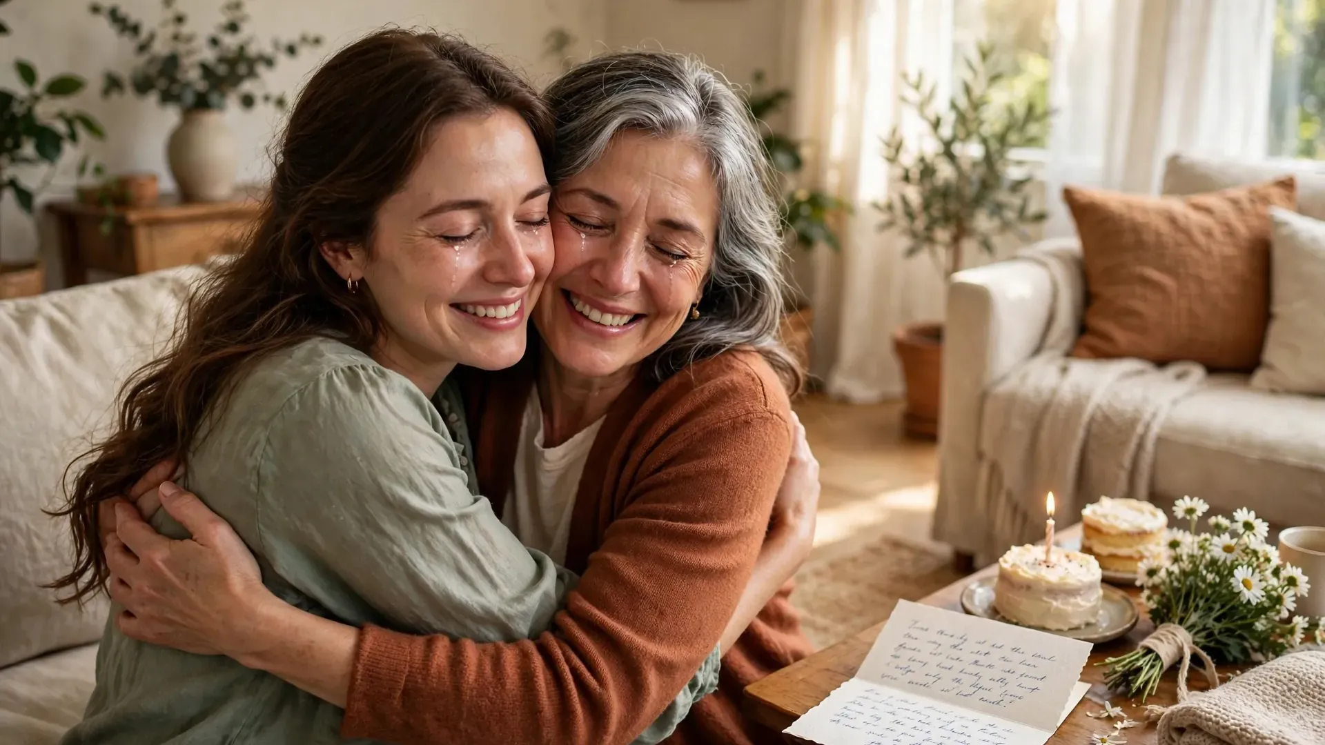 Mother and daughter embracing beside a birthday card with happy birthday wishes for mother