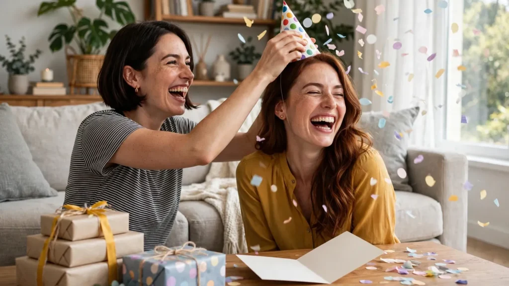 Two sisters laughing together while reading happy birthday wishes for sister from a greeting card