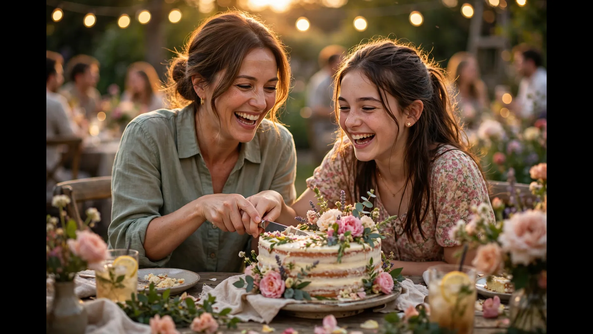 Mother and teenage daughter laughing together while cutting a floral birthday cake at a golden-hour garden party