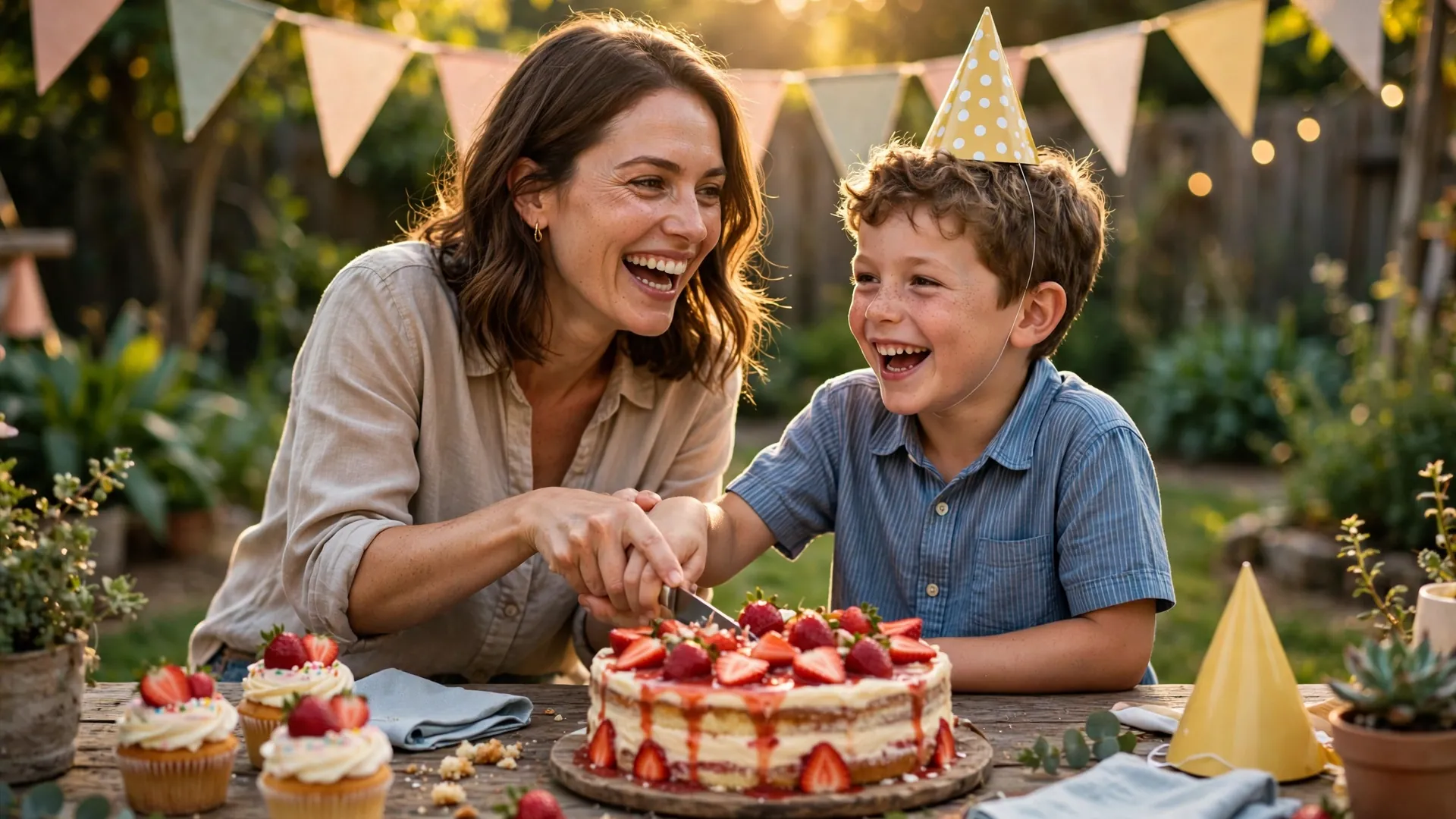 Mom and little boy son laughing together while cutting a strawberry birthday cake at a sunny backyard party