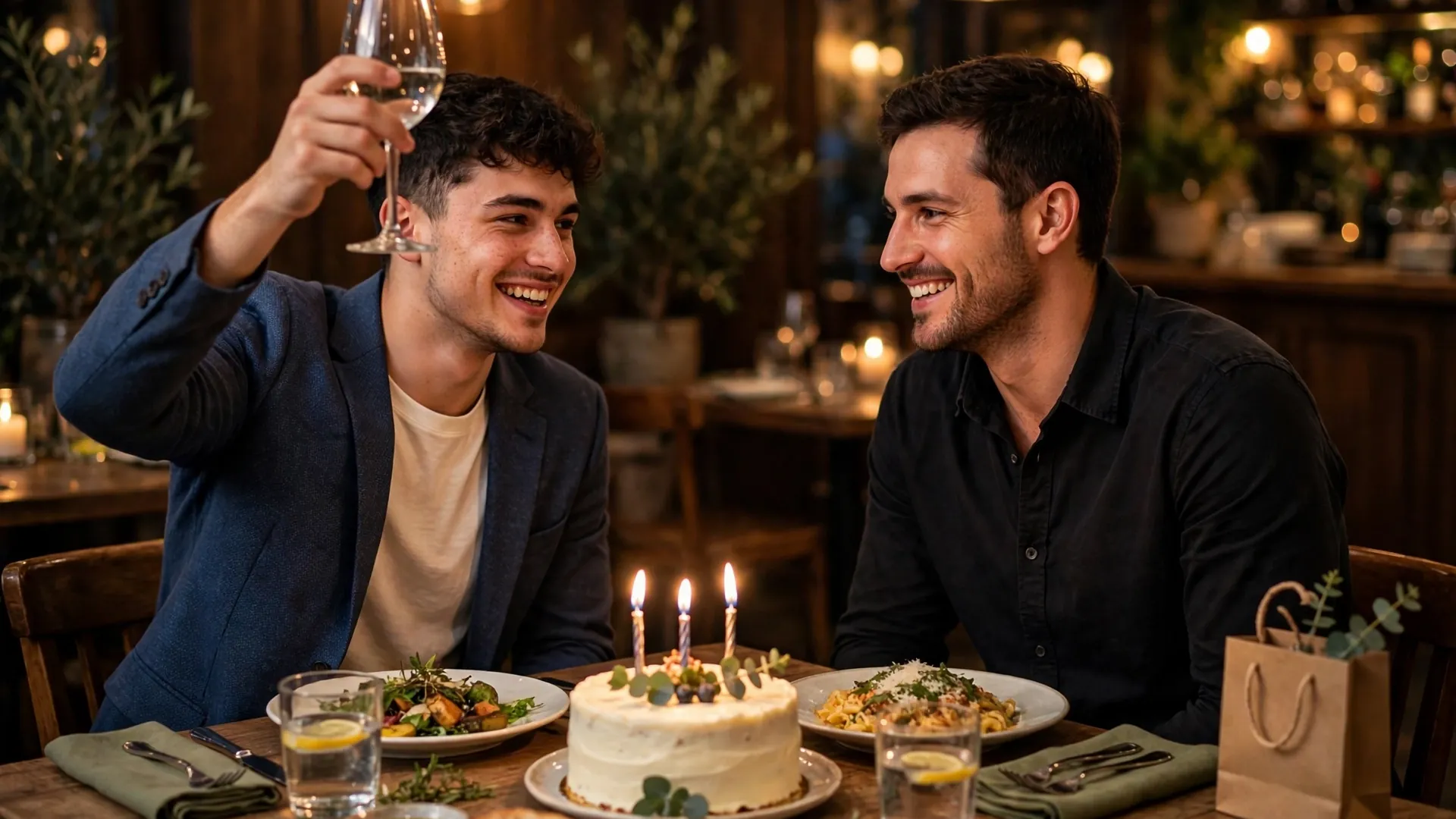 Younger sibling toasting his older brother at a birthday dinner in a restaurant
