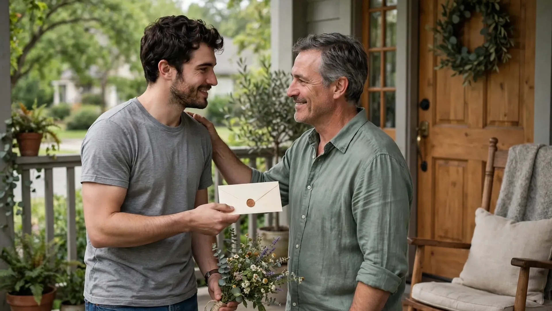 Father and son sharing an emotional birthday moment on the porch