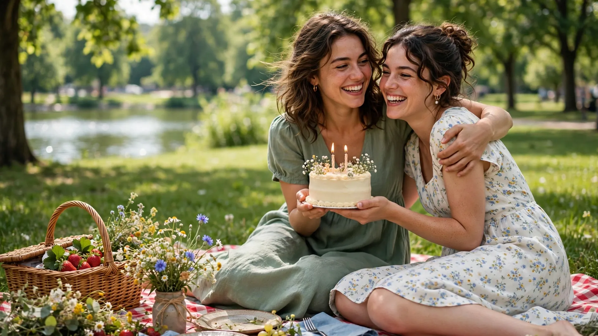 Two best friends hugging at a birthday picnic in the park