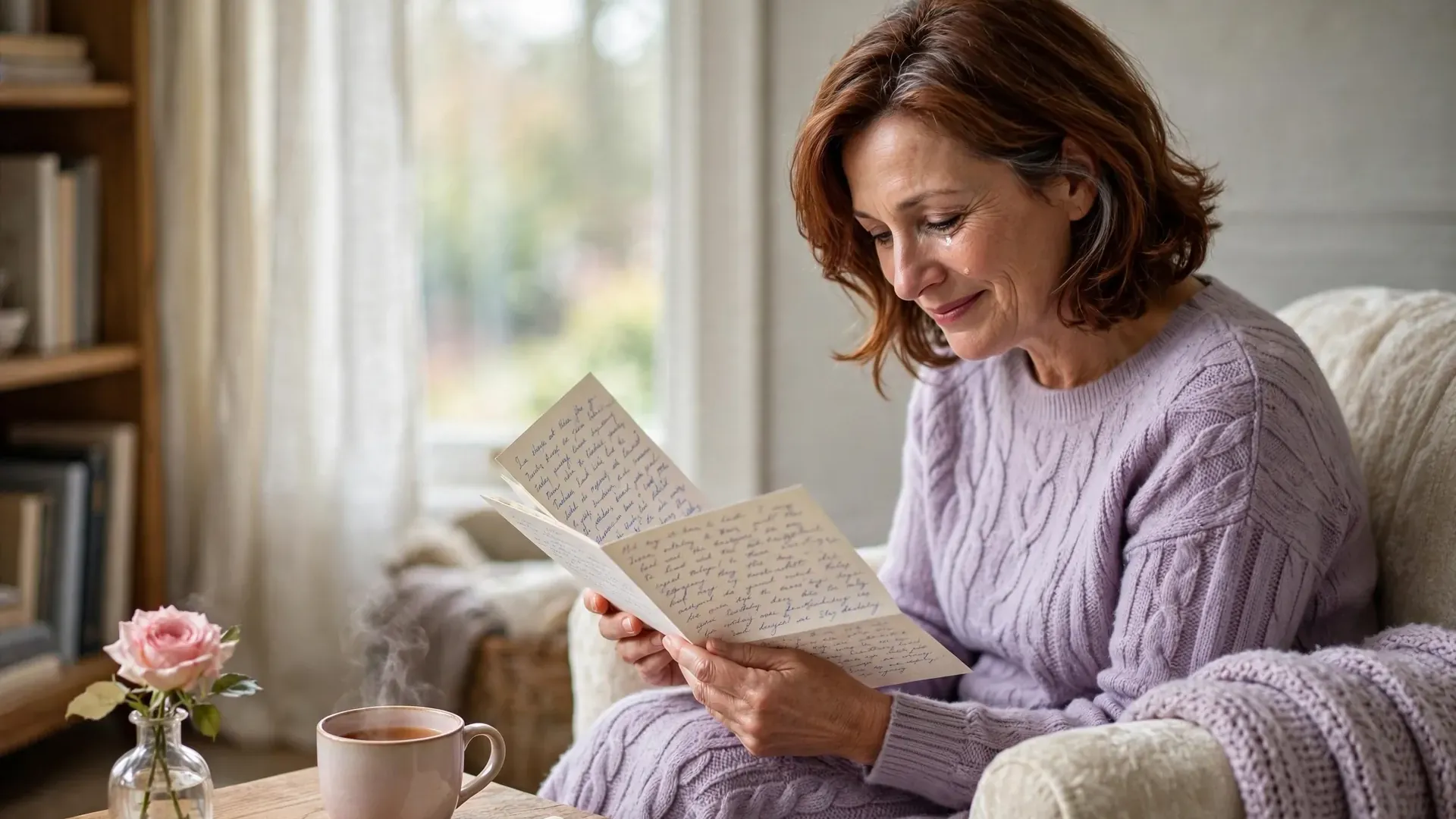 Mom reading a heartfelt handwritten birthday letter by a sunny window