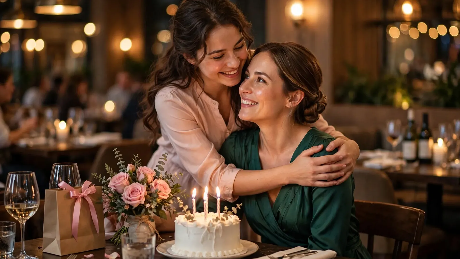 Younger sibling hugging her older sister at a birthday dinner table