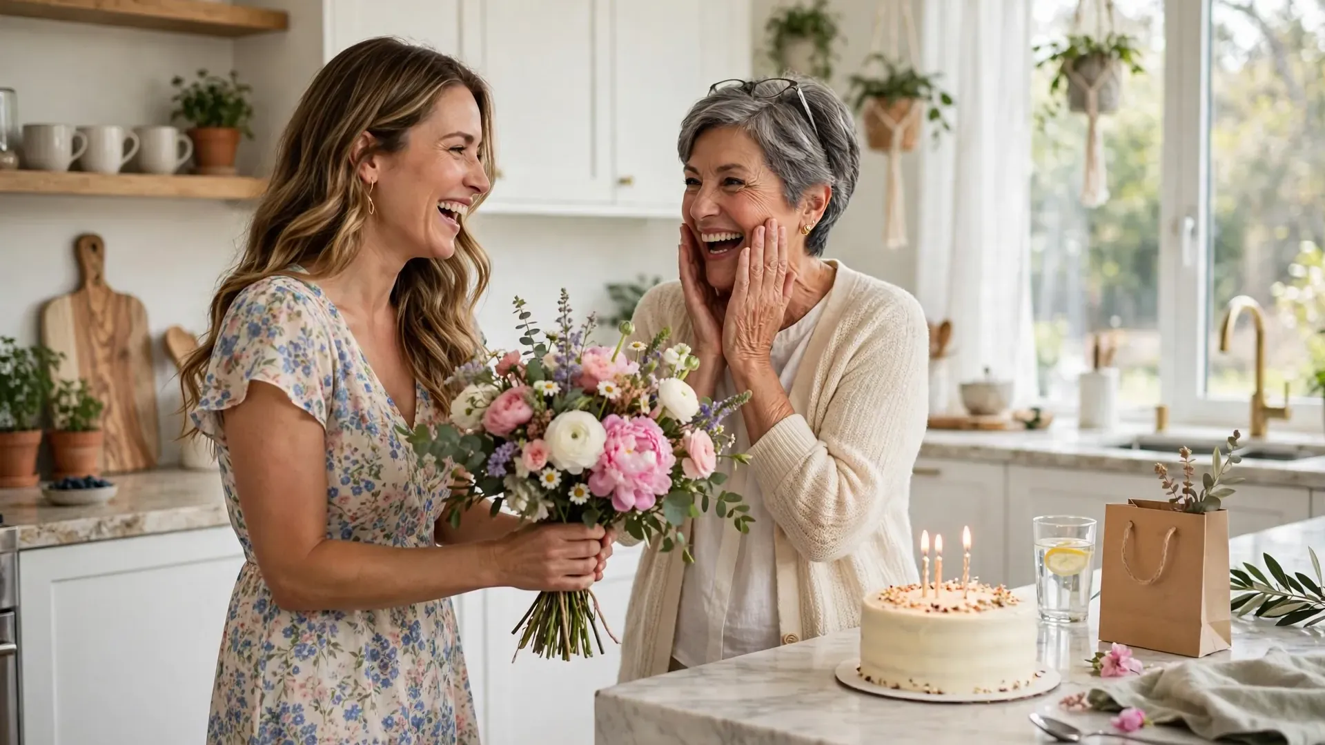 Daughter surprising her mom with flowers and a birthday cake in the kitchen