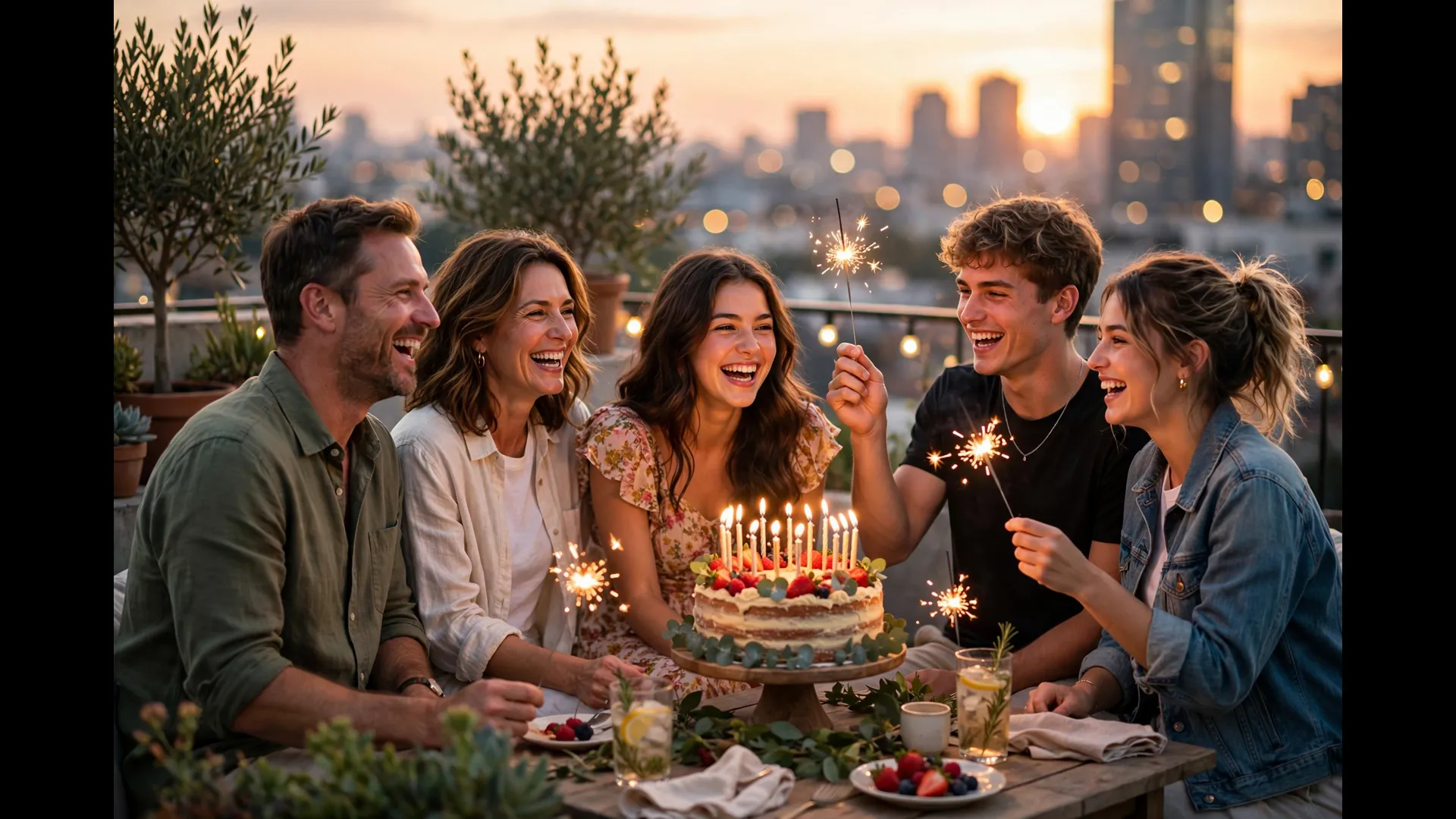 Family and friends celebrating a daughter's 18th birthday with sparklers and cake on a rooftop terrace at sunset