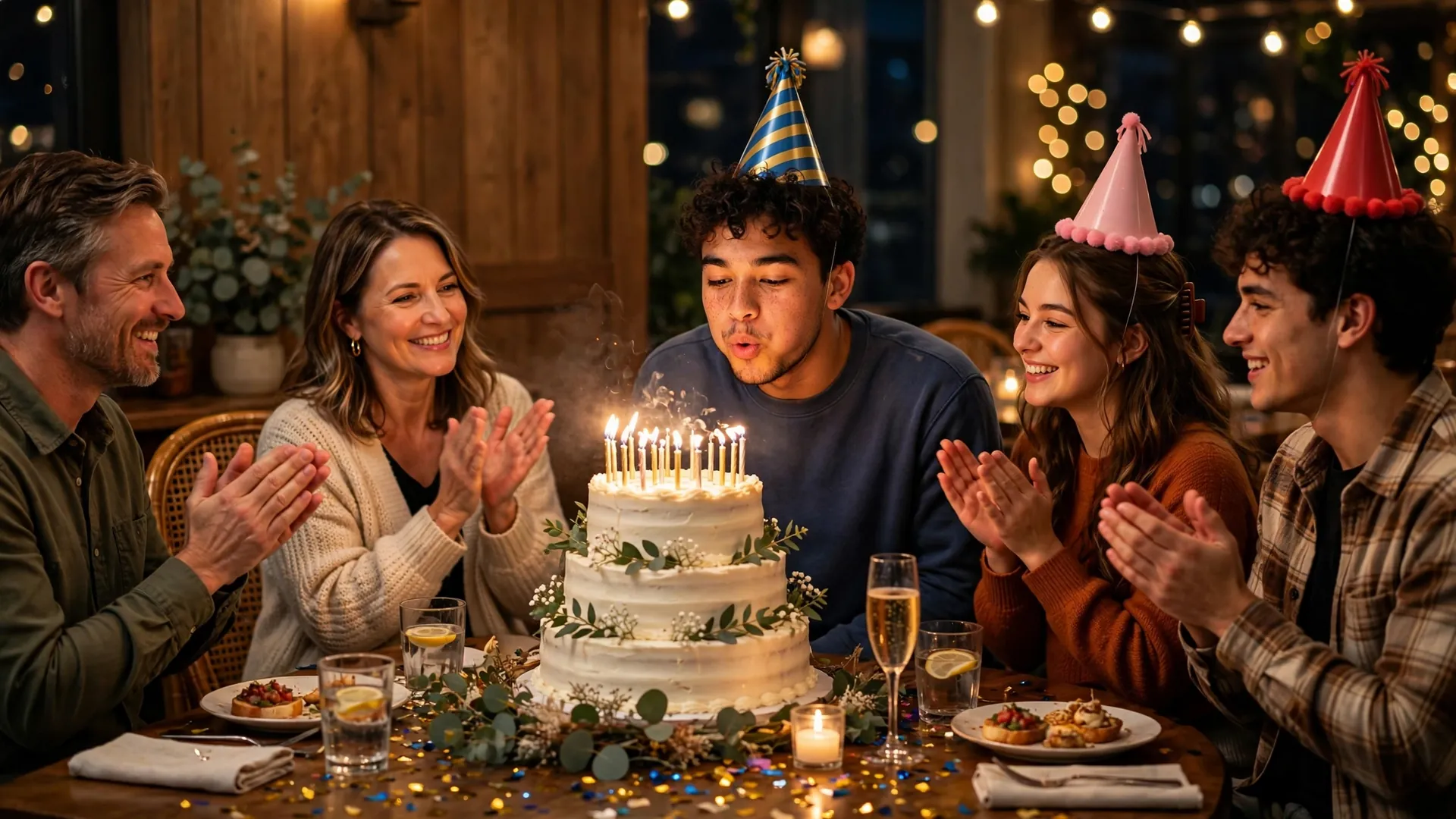 Family and friends applauding as a young man blows out candles on his 21st birthday cake at dinner