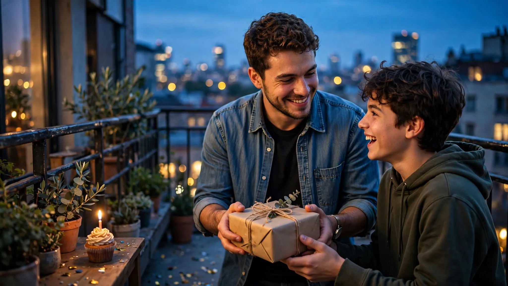 Older brother giving a birthday gift to his younger brother on a balcony at dusk