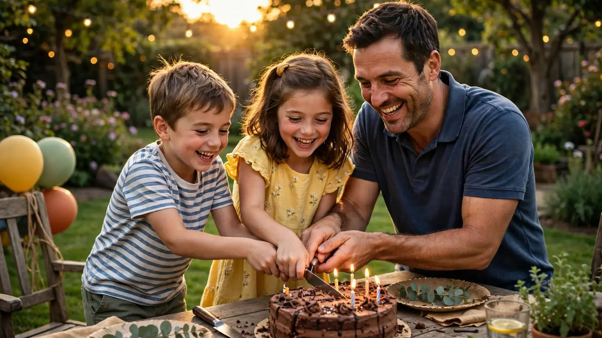 Dad cutting a birthday cake with his kids in the garden at sunset