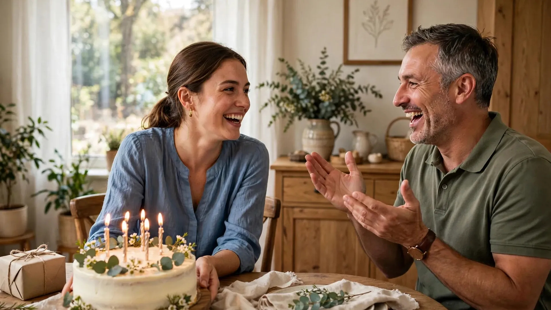 Daughter presenting a birthday cake to her dad at the dining table