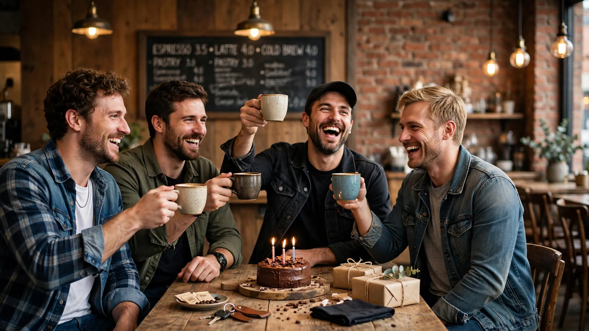 Group of male friends toasting a birthday at a cafe table