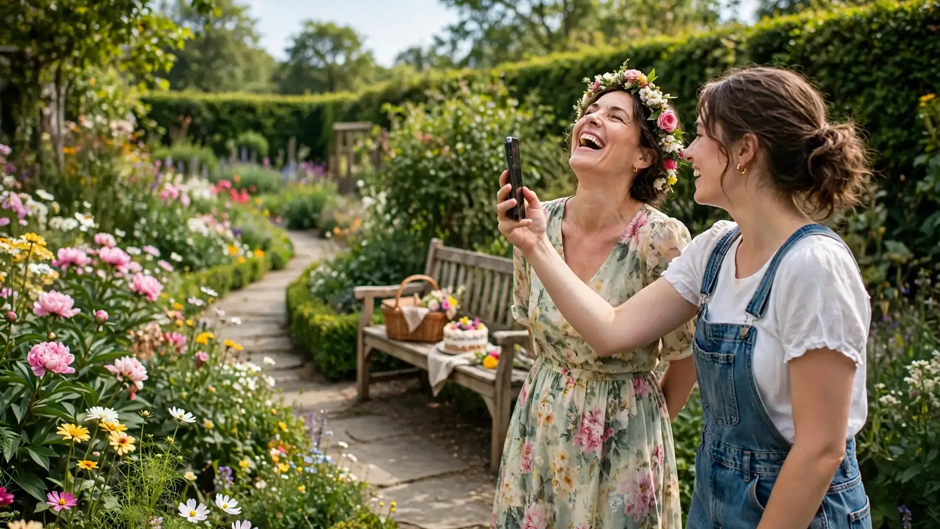 Daughter photographing her smiling mom among blooming garden flowers