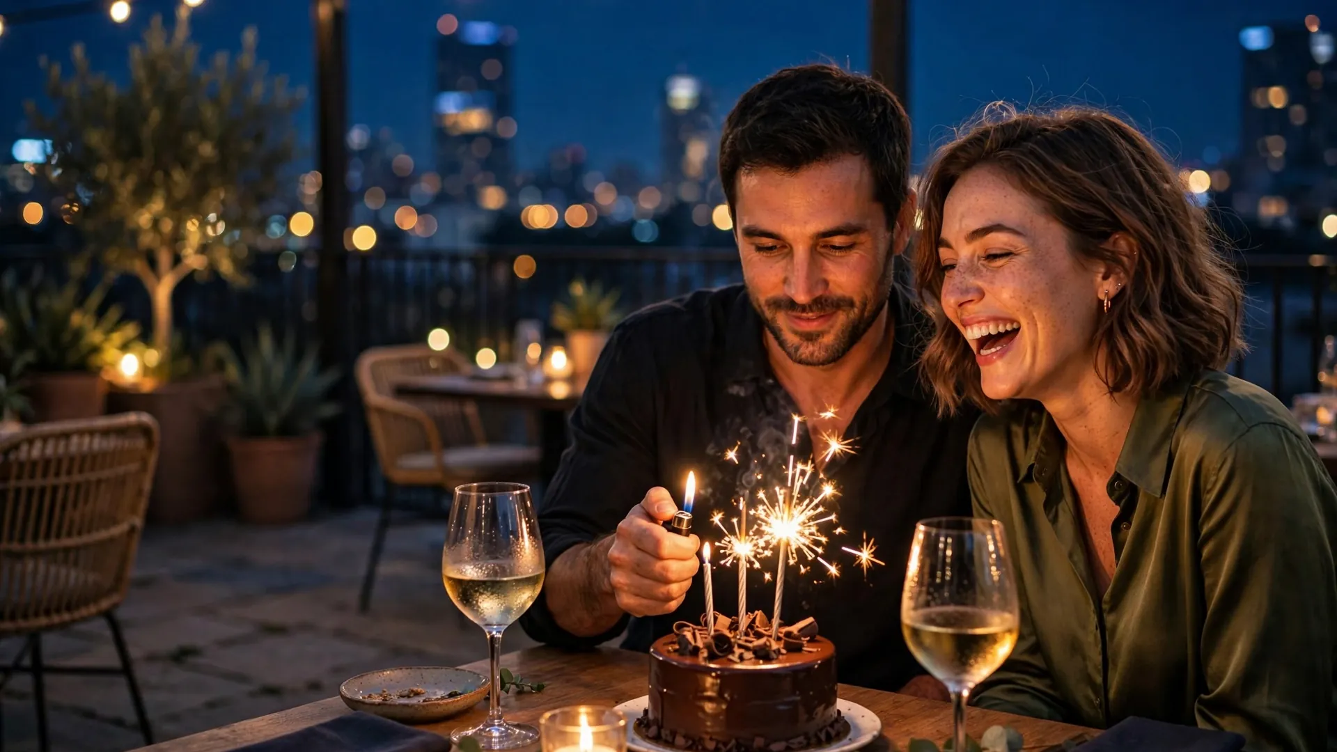 Romantic couple laughing as sparklers are lit on a small chocolate birthday cake at a candlelit rooftop restaurant at night