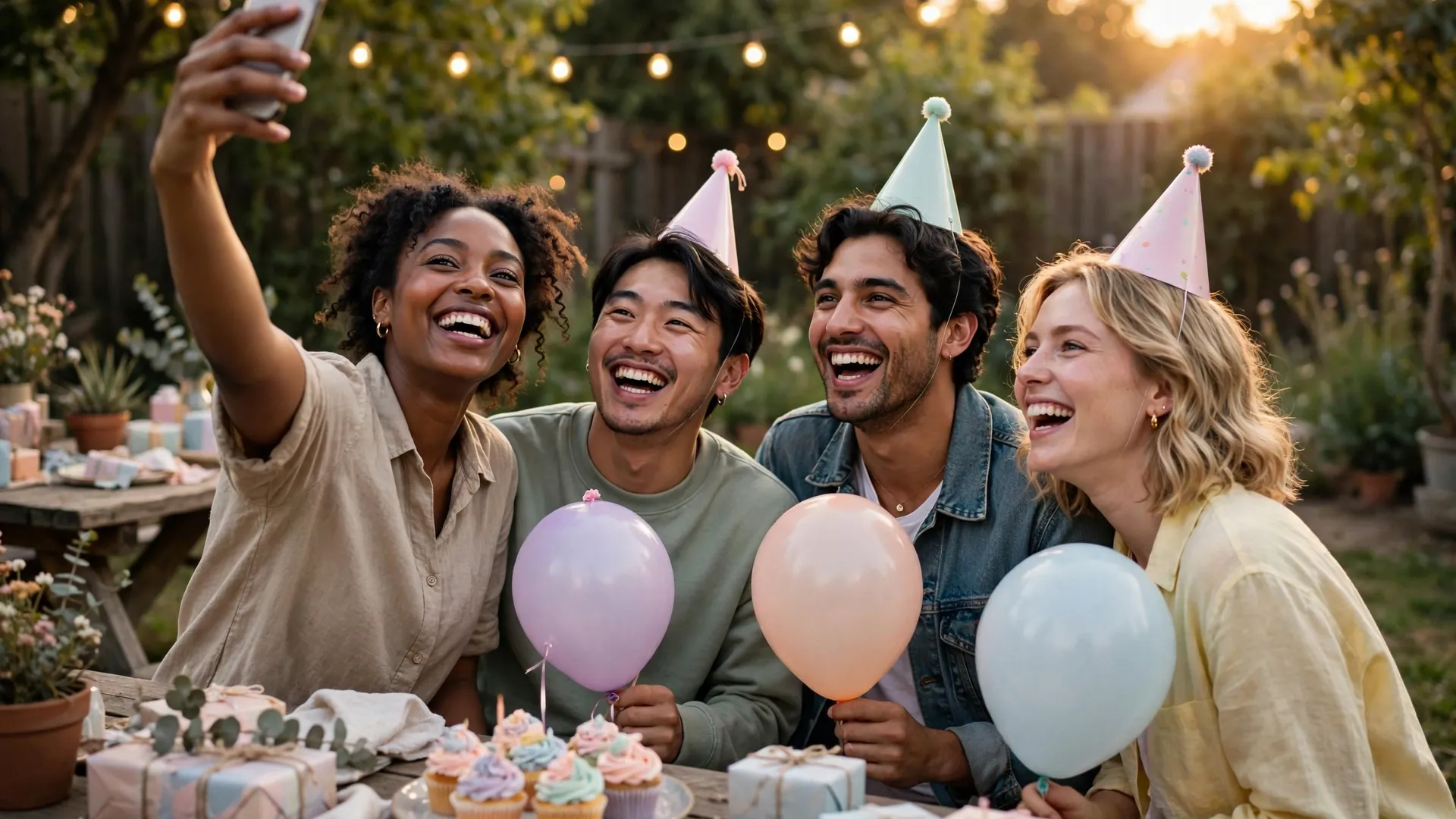 Group of friends laughing while taking a birthday selfie with pastel balloons at a golden-hour backyard party