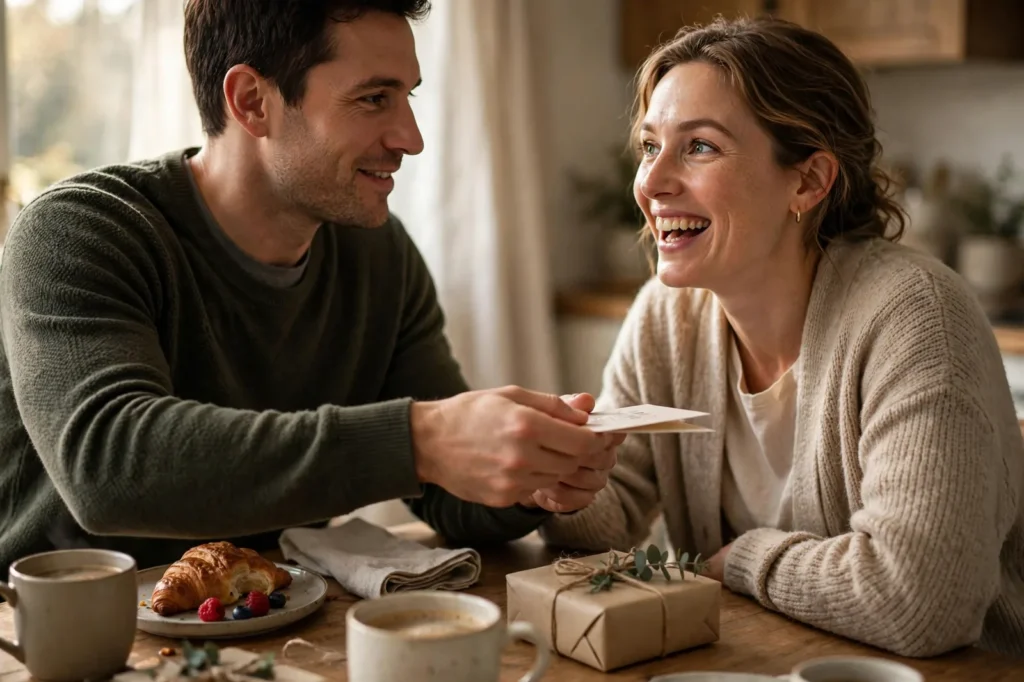 Husband giving his wife a birthday card at the breakfast table
