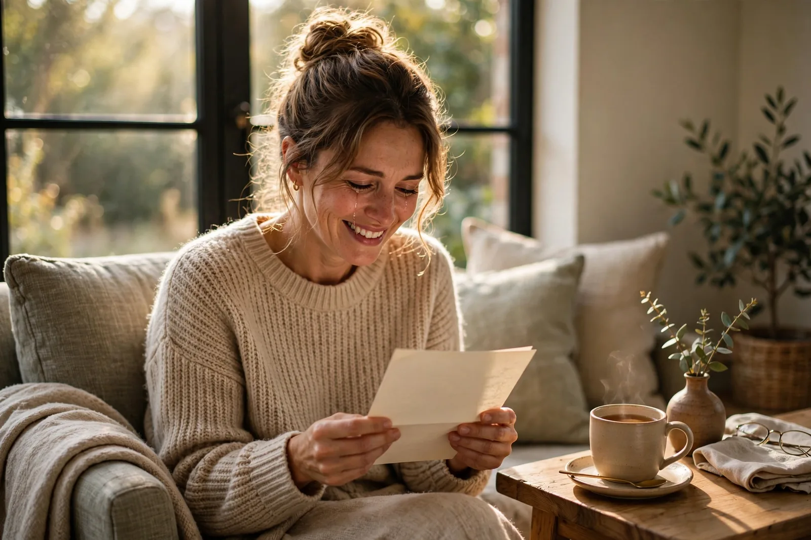 Wife reading a heartfelt birthday letter from her husband