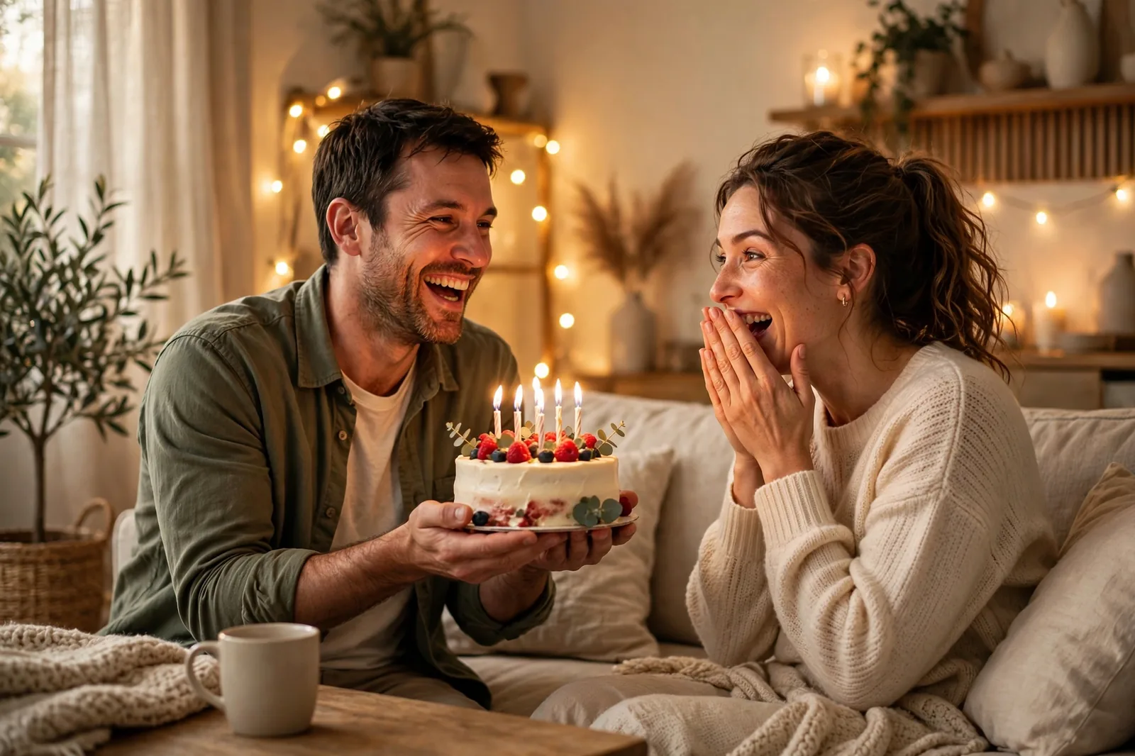 Husband surprising his wife with a birthday cake at home